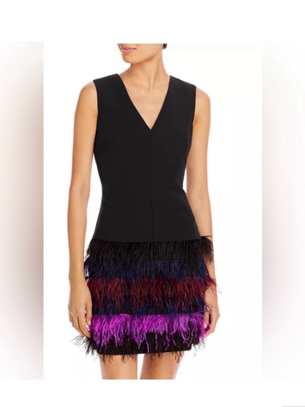Sleeveless Black V-Neck Dress with Multicolor Feather Hem